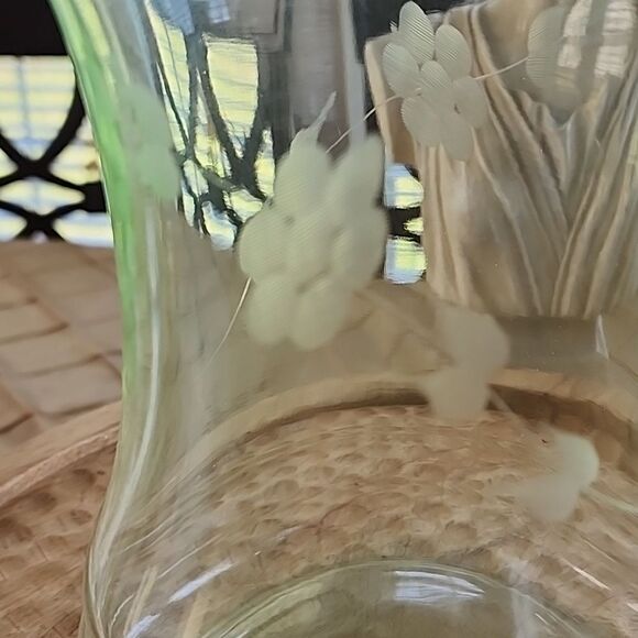 Vintage Vaseline Glass Pitcher Uranium Etched Glass Floral - Picture 2 of 13
